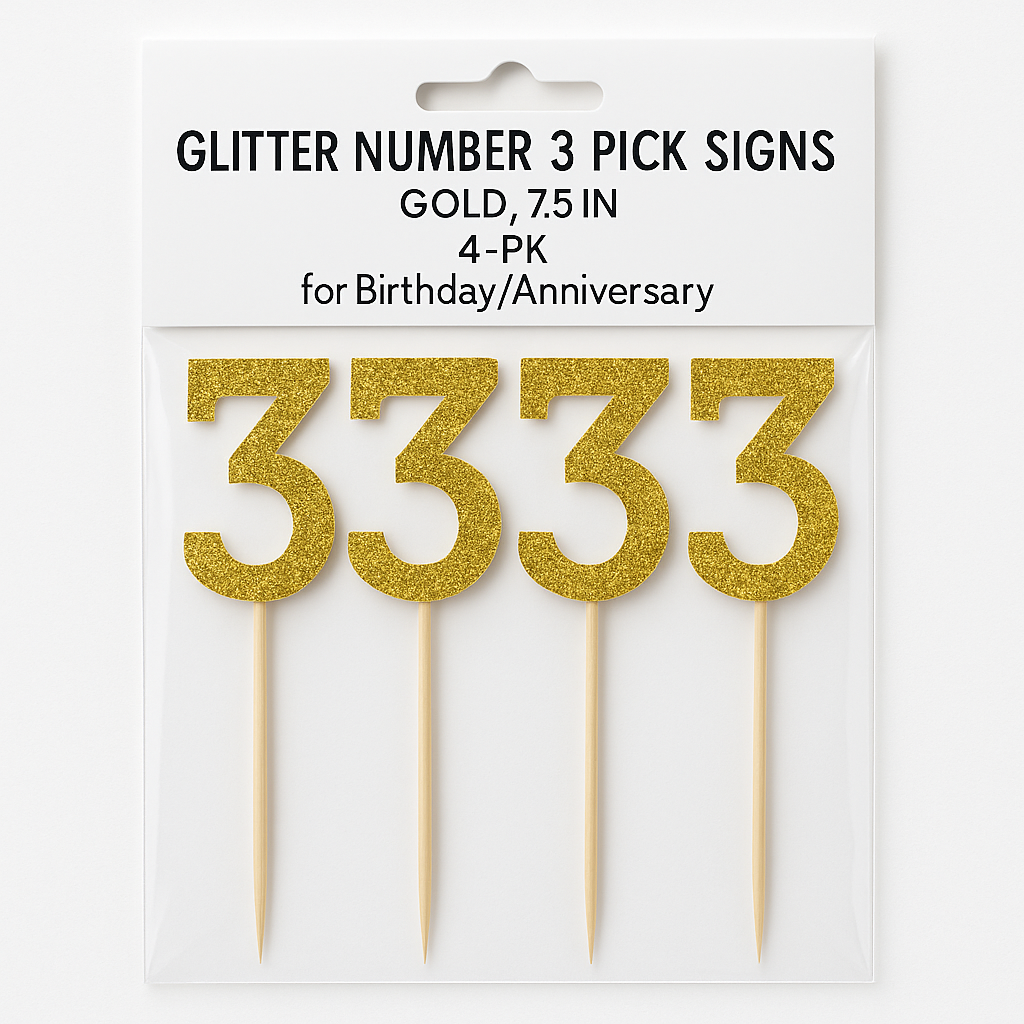 Glitter Gold Number 3 Party Picks, 7-Inch, 4-Pack