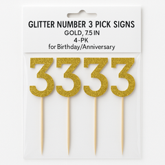 Glitter Gold Number 3 Party Picks, 7-Inch, 4-Pack