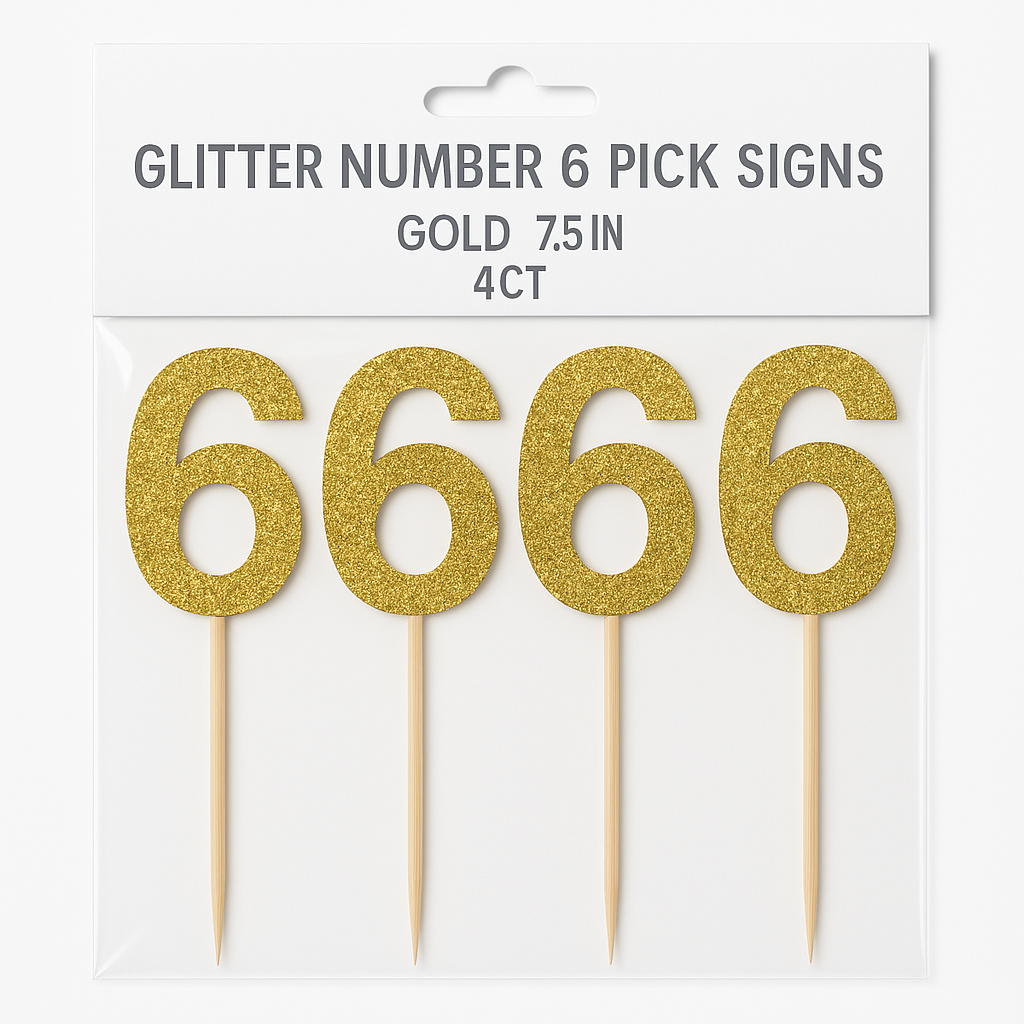 Glitter Gold Number 6 Party Picks, 7-Inch, 4-Pack