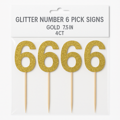 Glitter Gold Number 6 Party Picks, 7-Inch, 4-Pack