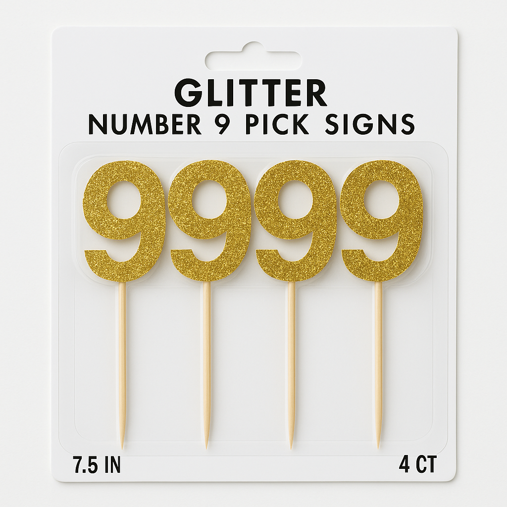 Glitter Gold Number 9 Cake Picks, 7-Inch, 4-Pack