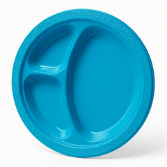 Caribbean Blue Divided Plastic Dinner Plates - 20 Count