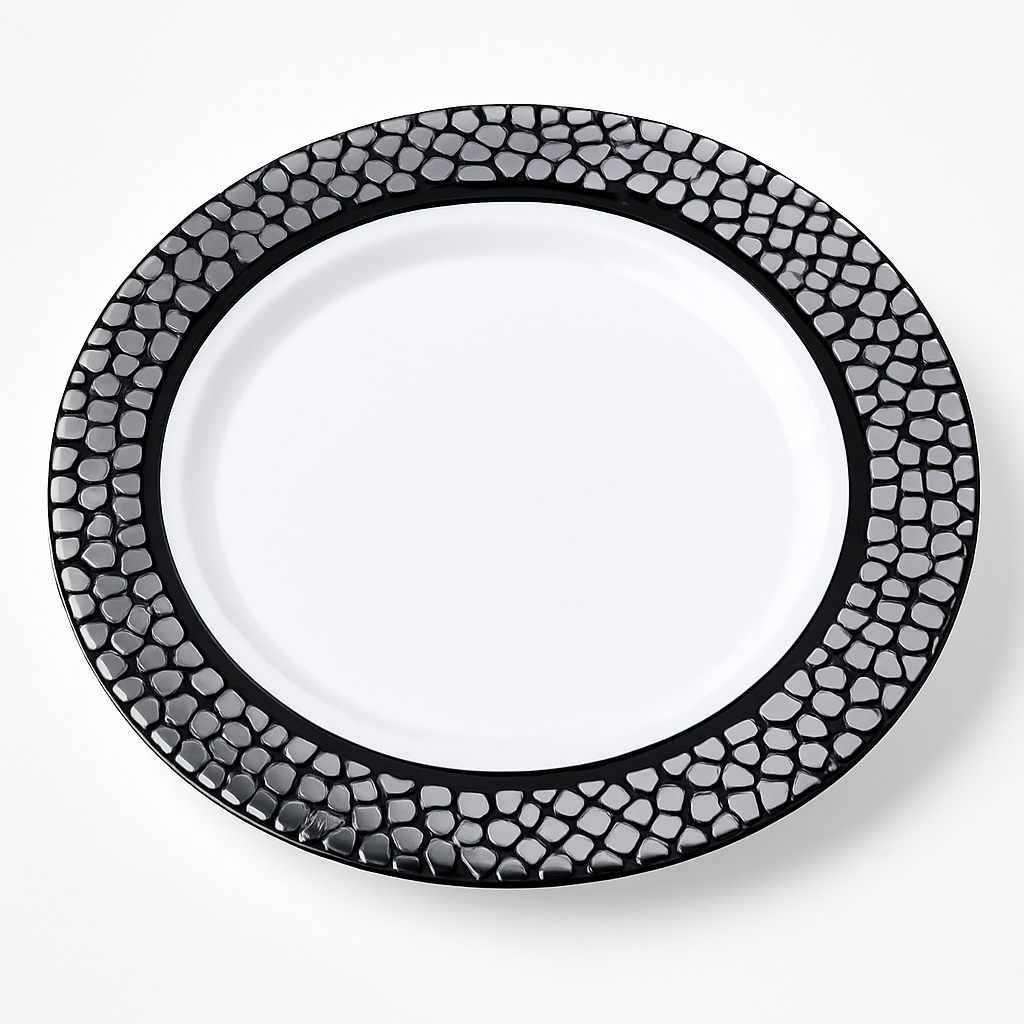 Premium Black and Silver Mosaic Dinner Plates, 10-Inch, 20-Pack