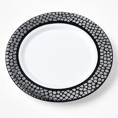 Premium Black and Silver Mosaic Dinner Plates, 10-Inch, 20-Pack