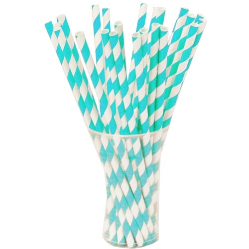 Aqua Blue Striped Paper Straws | 100 Count