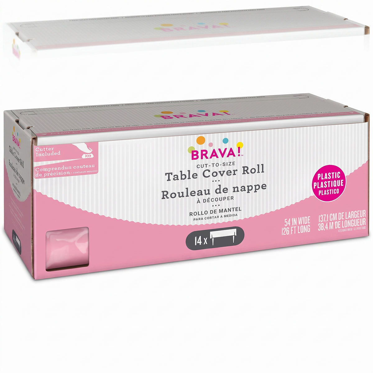 New Pink Plastic Table Cover Roll with Cutter - 54 x 126 ft