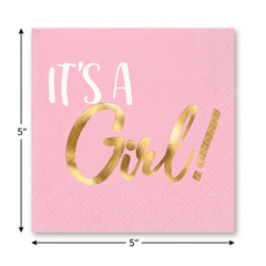 It's a Girl! Pink and Gold Beverage Napkins - 16 Pack - 5 In. X 5 In.