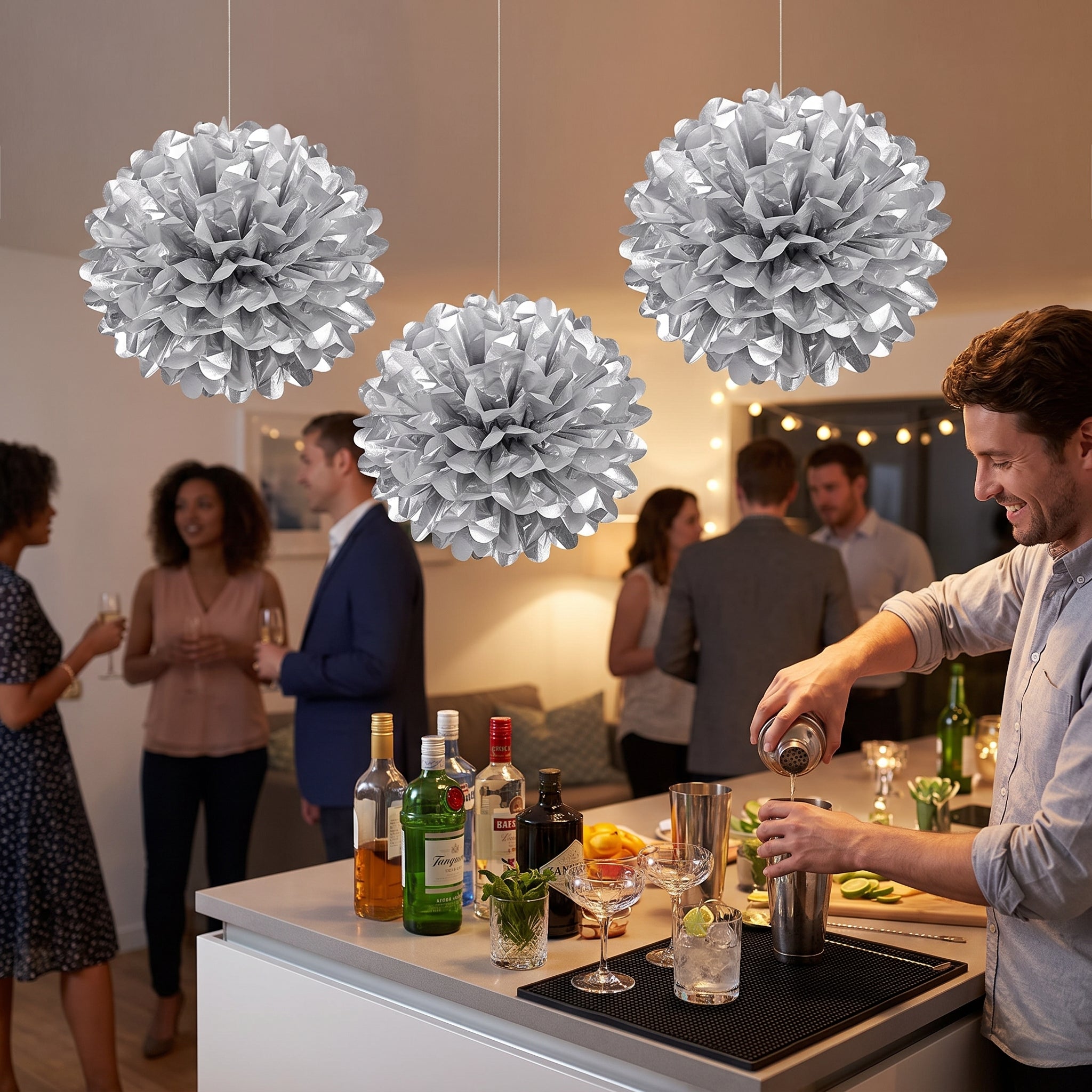 Silver Fluffy Round Pom Pom Decorations
