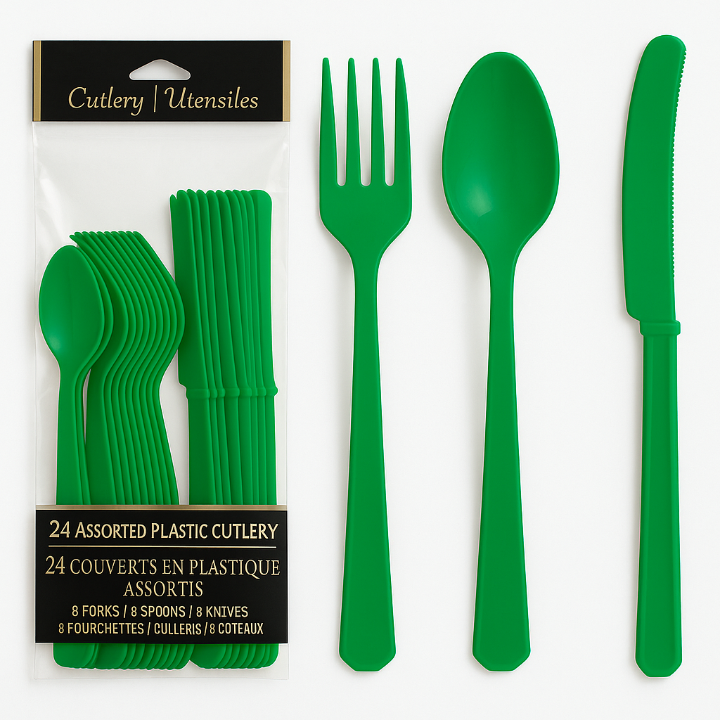 Festive Green Assorted Plastic Cutlery Set - 24 Pack