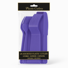 Purple Assorted Plastic Cutlery Set ‚Äì 24 Pieces