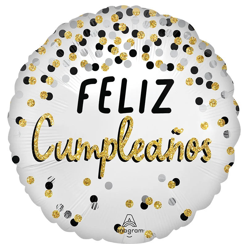 Feliz Cumpleaños Black, Silver & Gold Foil Balloon - 18"
