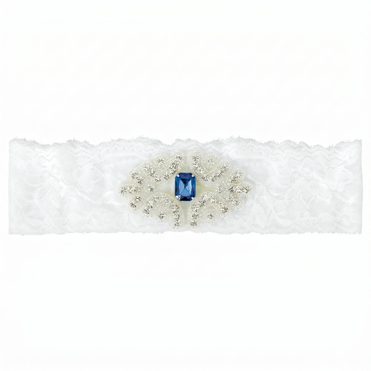 Something Blue Bridal Garter - White Lace Wedding Garter with Sapphire Rhinestone Applique, Plus Size Keepsake Garter for Bride