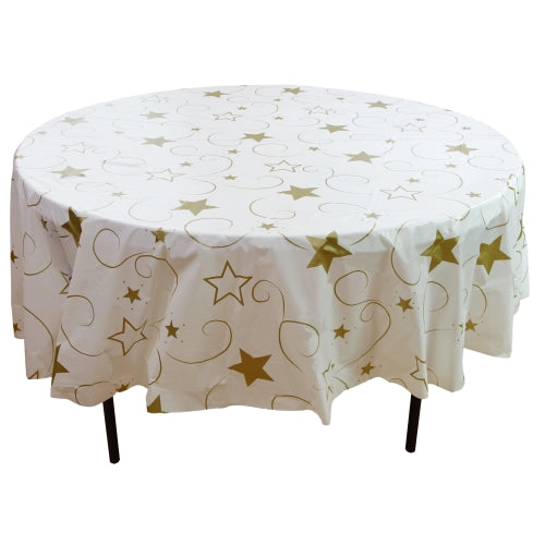 Round Gold Star Printed Plastic Table Covers | 6 Pack