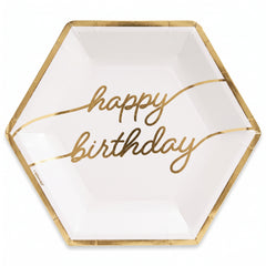 Golden Age Hexagon "Happy Birthday" Metallic Plates, 9-Inch, 8-Pack