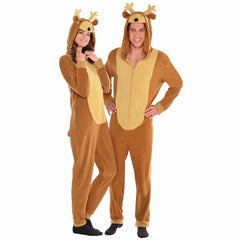 Adult Reindeer Fleece Jumpsuit with Hood - L/XL Size - Adult L/XL