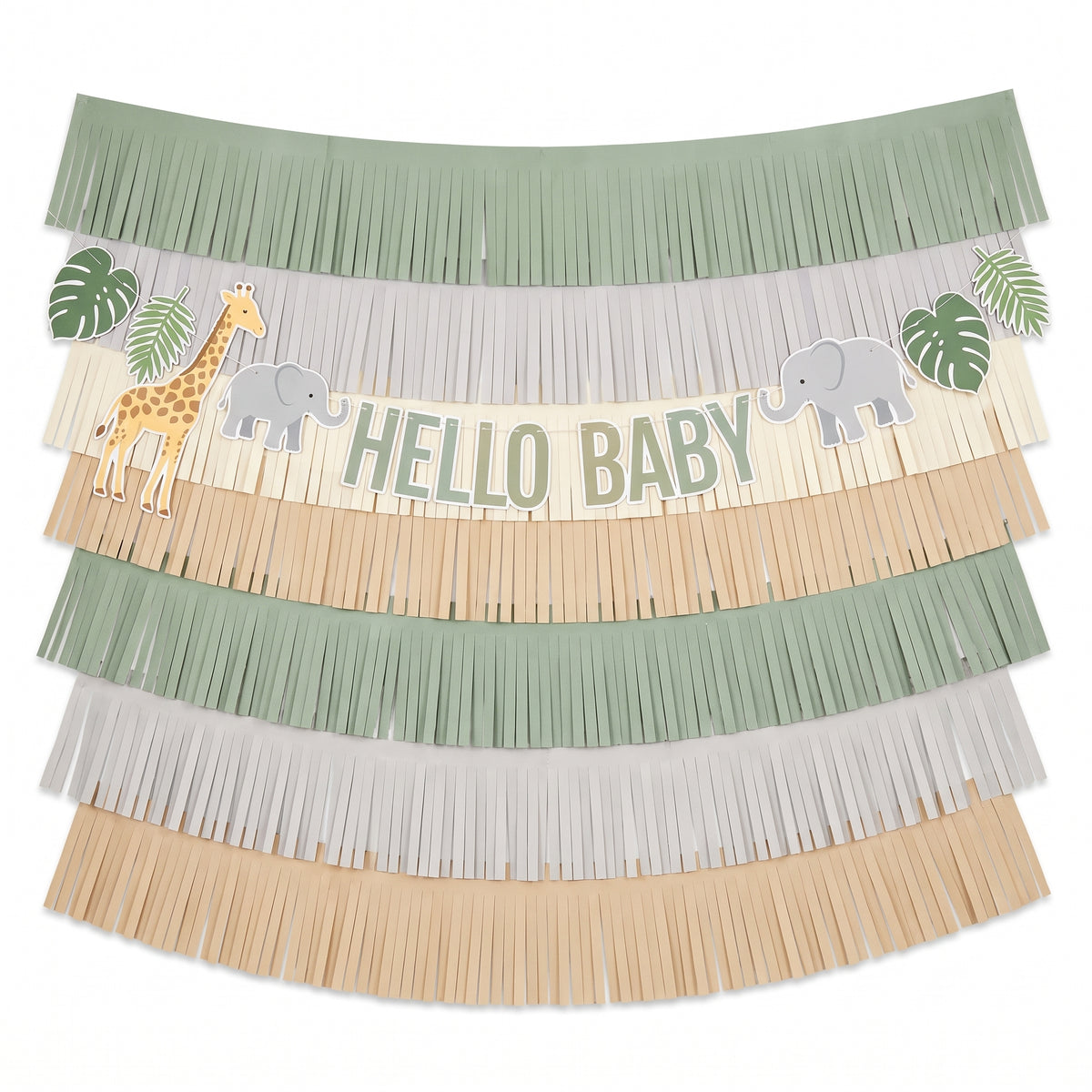 Jungle Baby Shower Deluxe Backdrop Kit with "Hello Baby" Fringe Garland