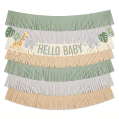 Jungle Baby Shower Deluxe Backdrop Kit with "Hello Baby" Fringe Garland