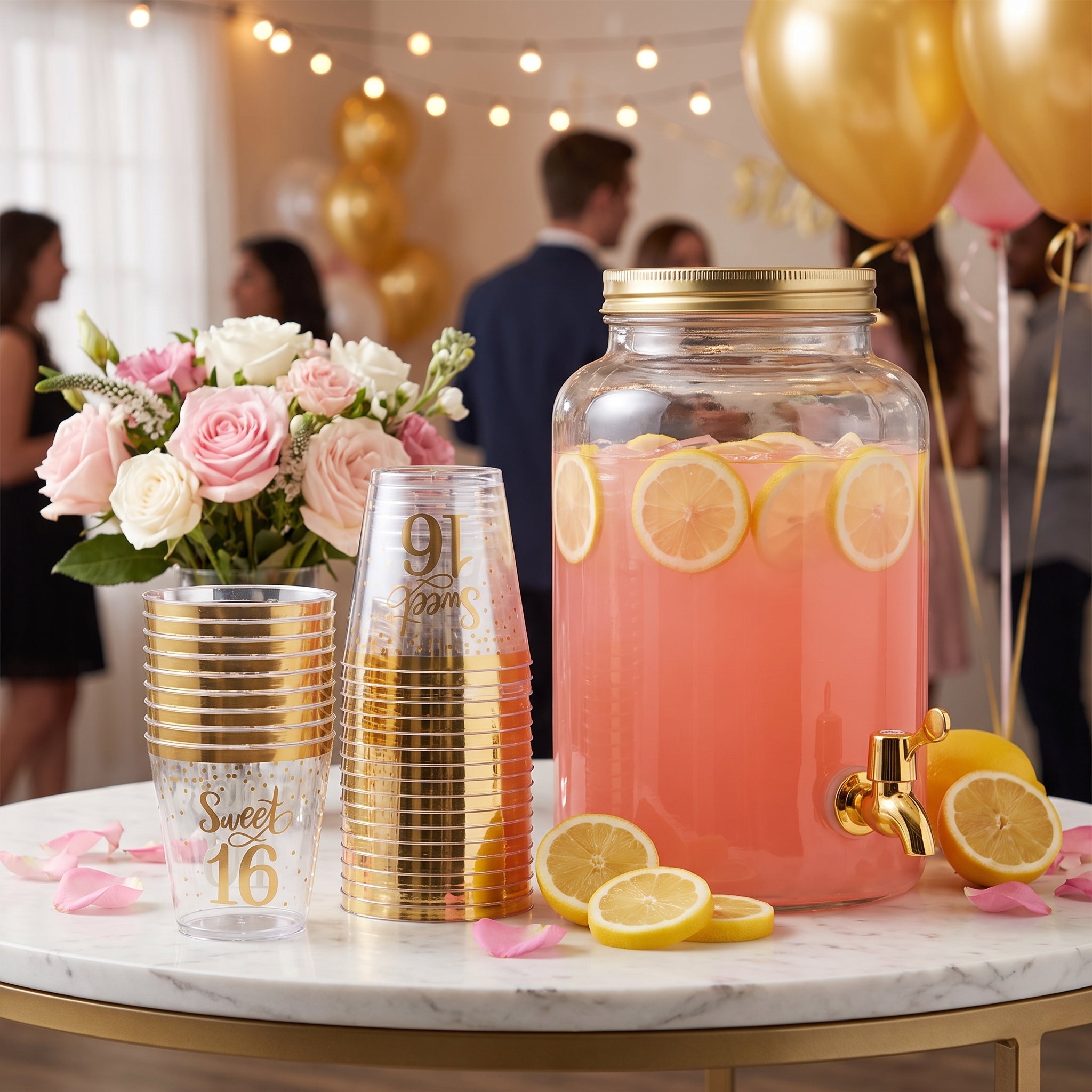 Sweet 16 Metallic Gold Plastic Cups, 9oz, 30 Pack