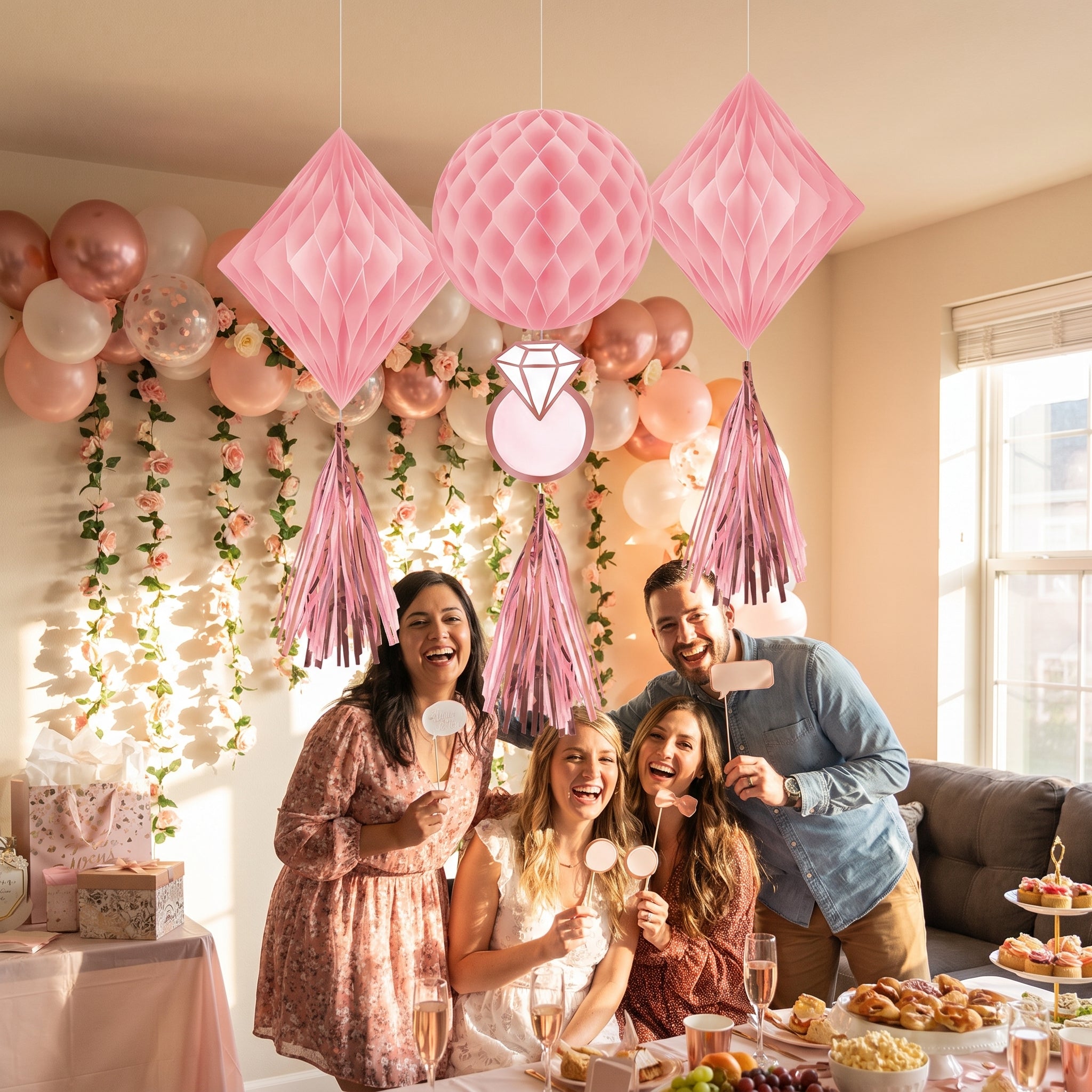 Blush & Rose Gold Honeycomb Wedding Decorations, 3-Piece Set