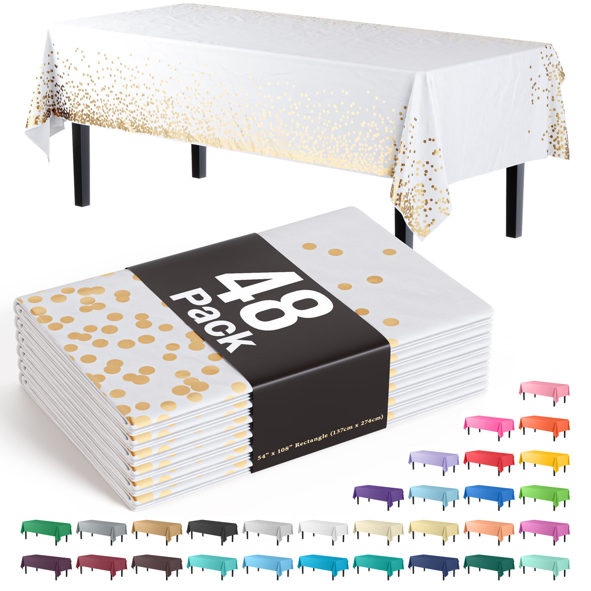 Celebrate Printed Plastic Table Cover White/Gold | Case of 48