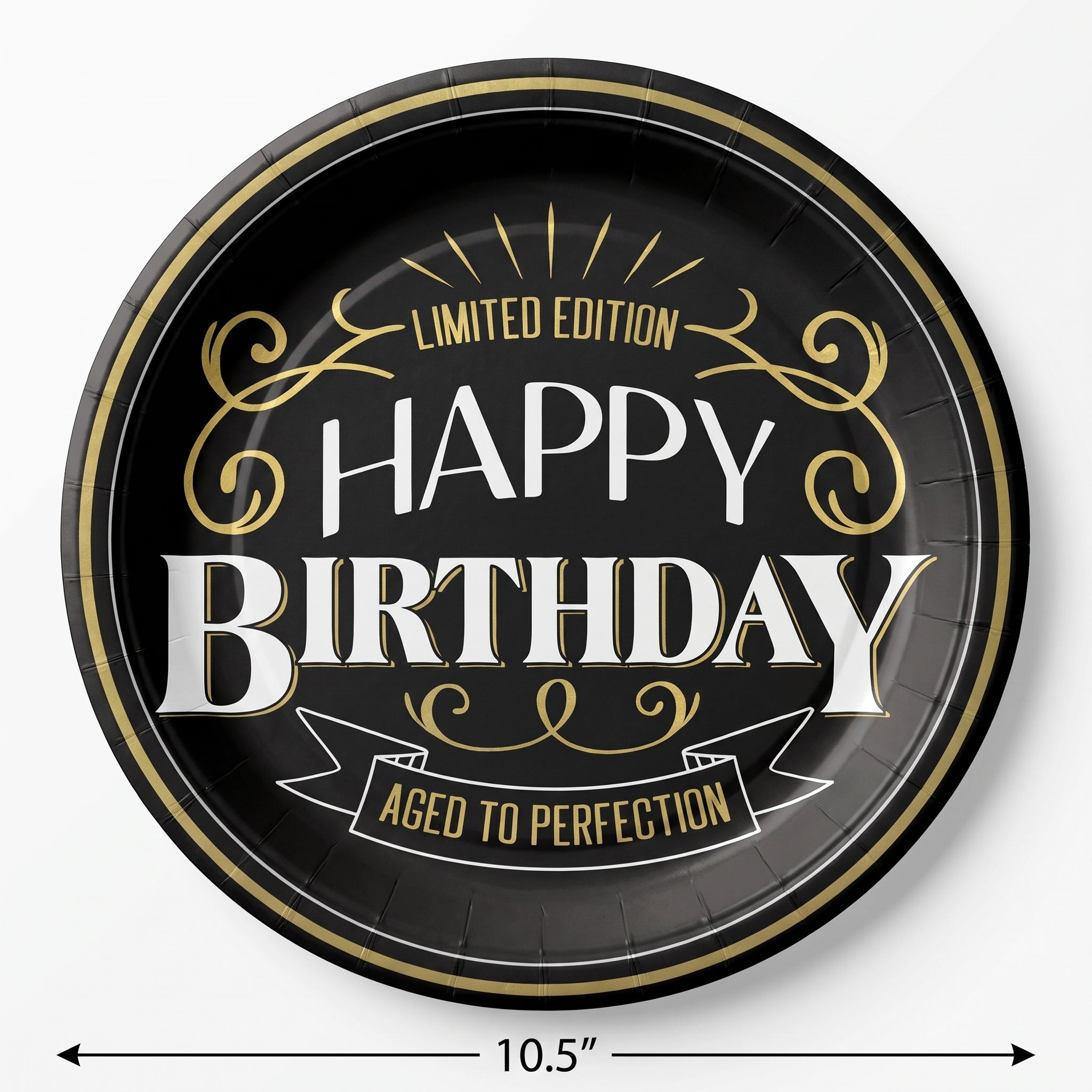 Better with Age Birthday Round Plates, Black/Gold, 10.5-Inch, 8-Pack