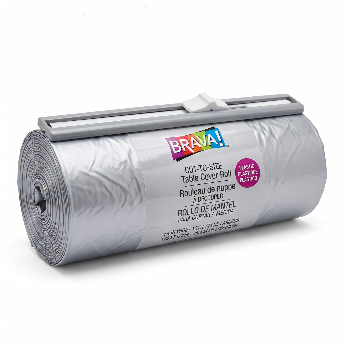 Silver Plastic Table Cover Roll with Cutter - 54 x 126 ft