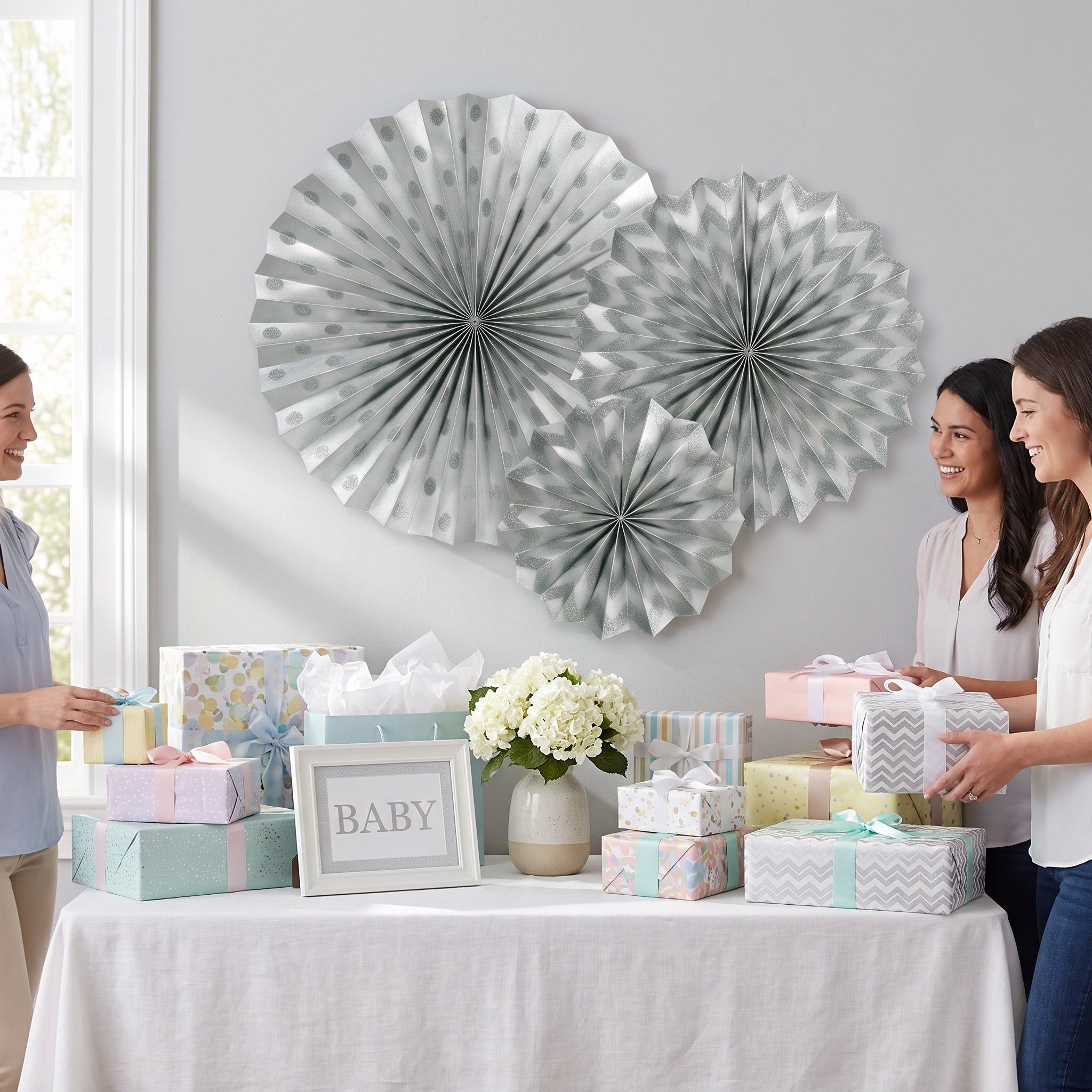 Silver Glitter Paper Fan Decorations - Set of 4