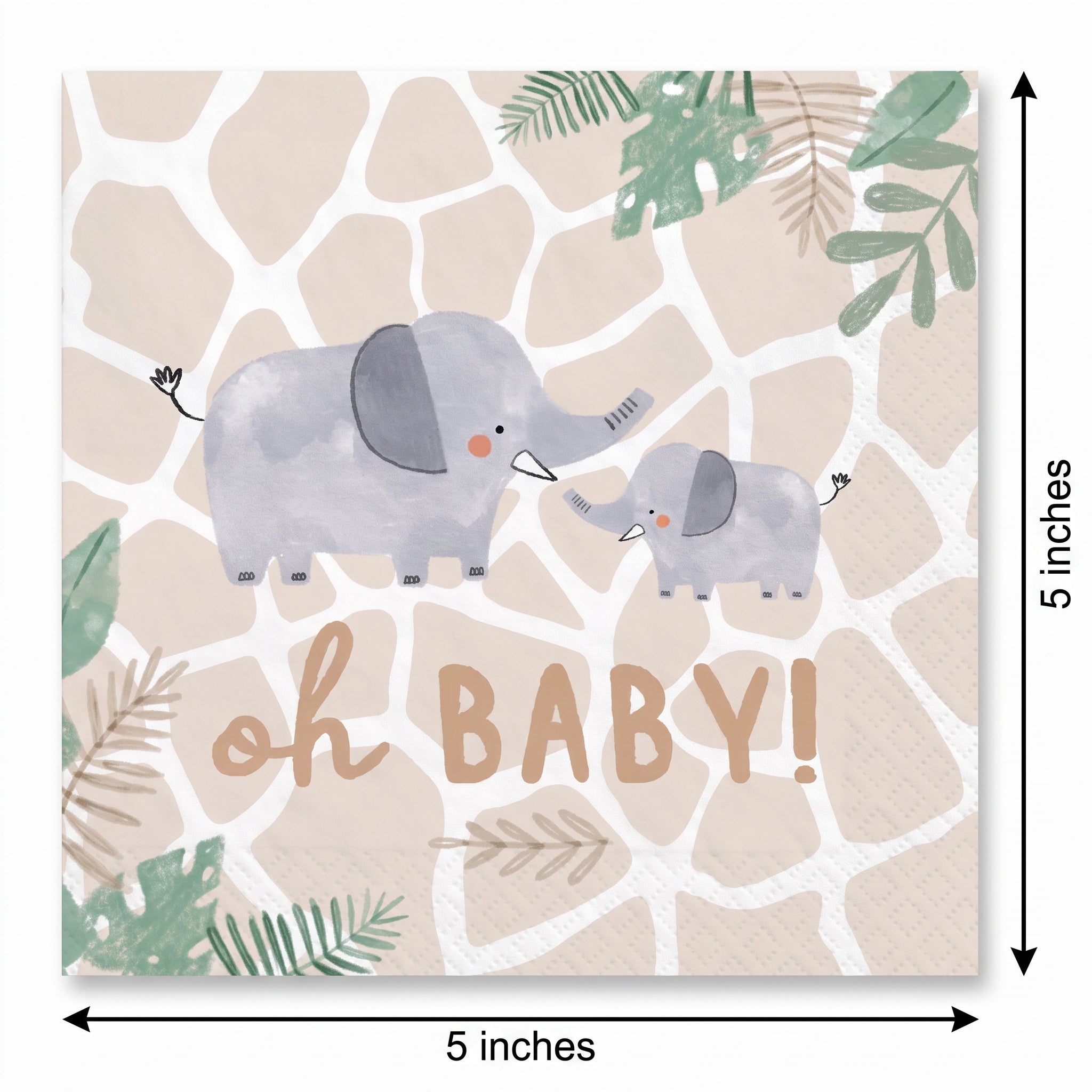 Jungle Baby "Oh Baby" Elephant Beverage Napkins - 16 Pack - 5 In. X 5 In.