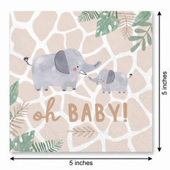 Jungle Baby "Oh Baby" Elephant Beverage Napkins - 16 Pack - 5 In. X 5 In.