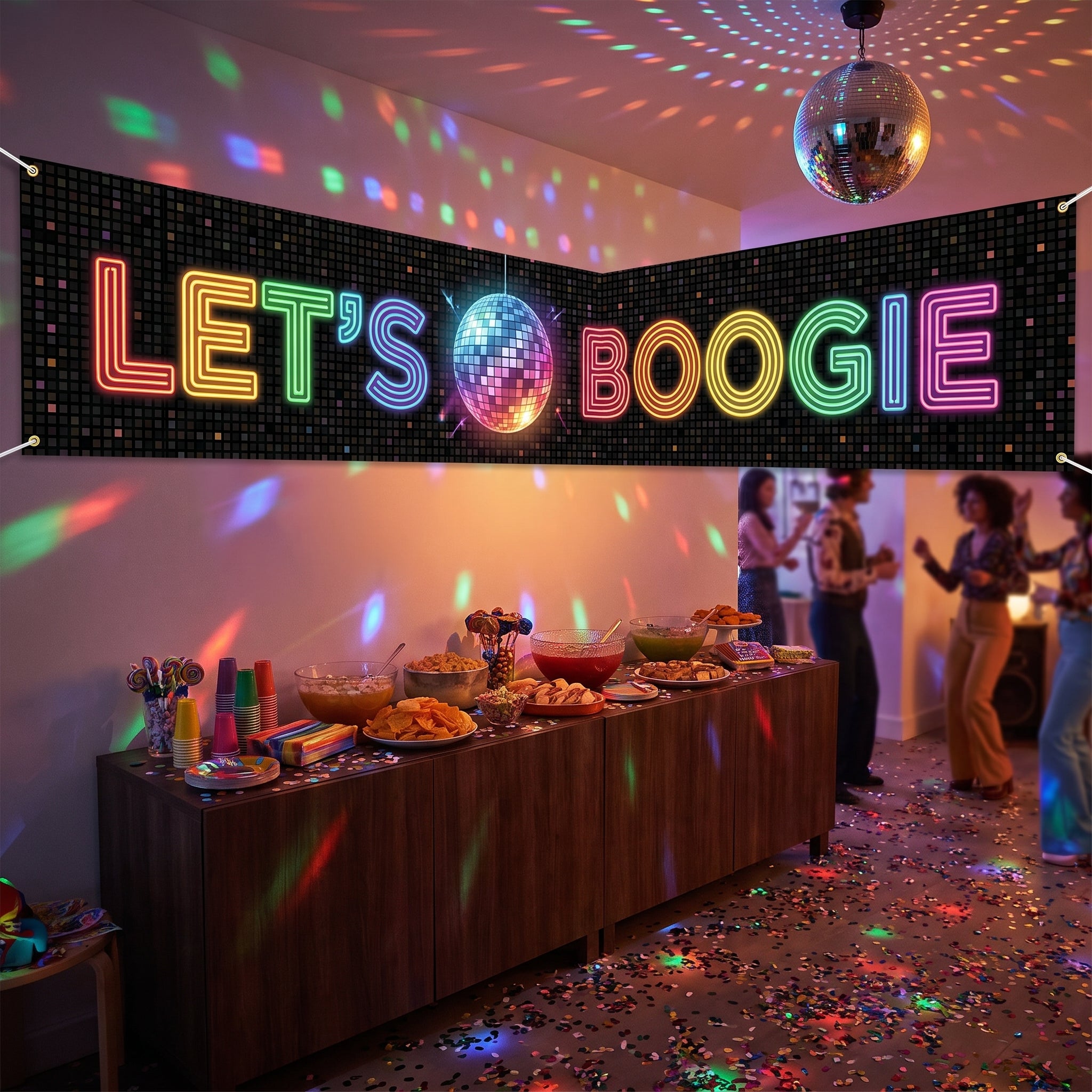 "Let's Boogie" Disco Fever Banner, 25-ft - Retro 70s Party Decoration