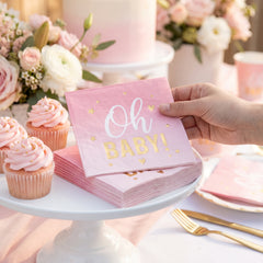 Oh Baby Girl Beverage Napkins - Pink & Gold, 16-Pack - 5 In. X 5 In.