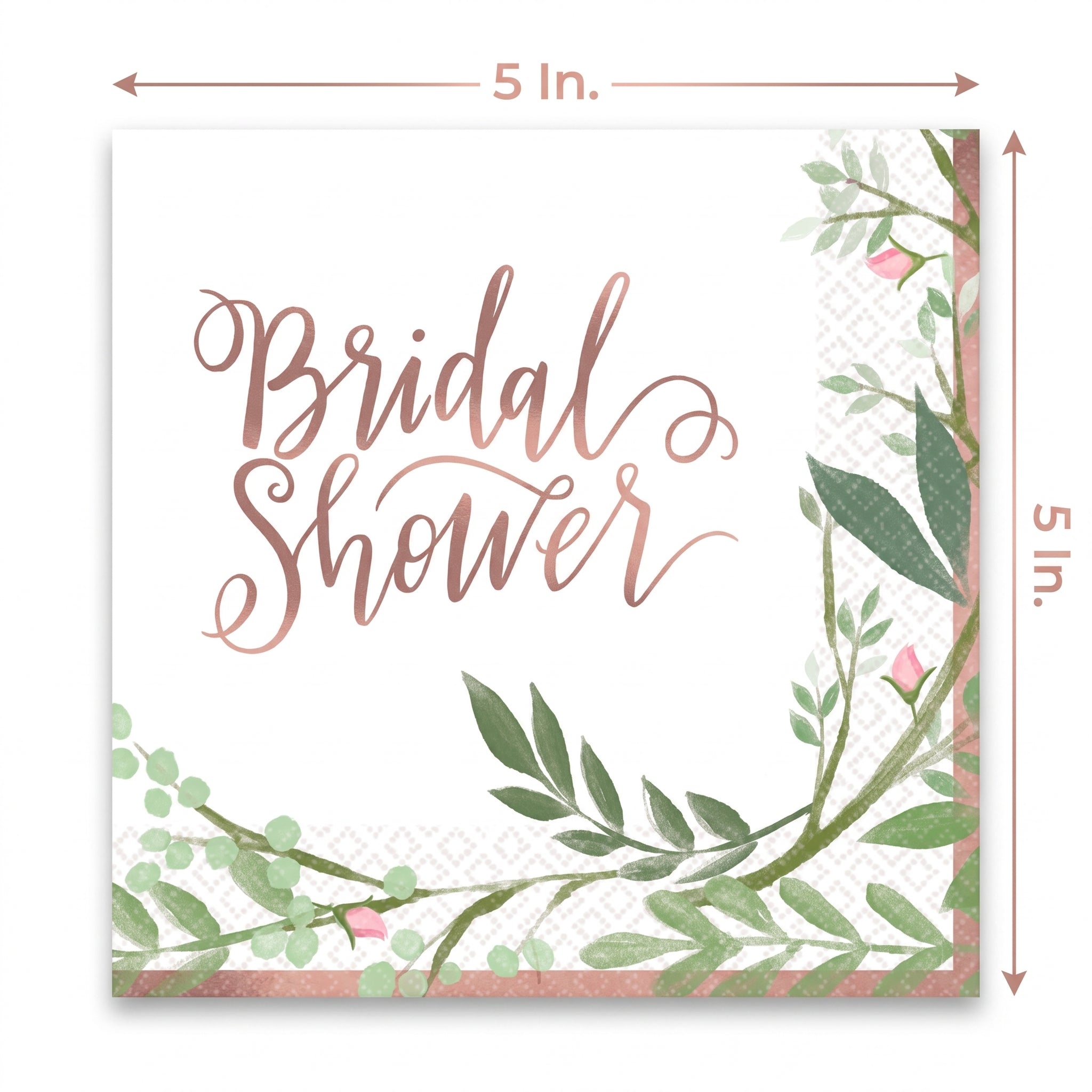 Floral Greenery "Bridal Shower" Beverage Napkins - 16 Pack - 5 In. X 5 In.