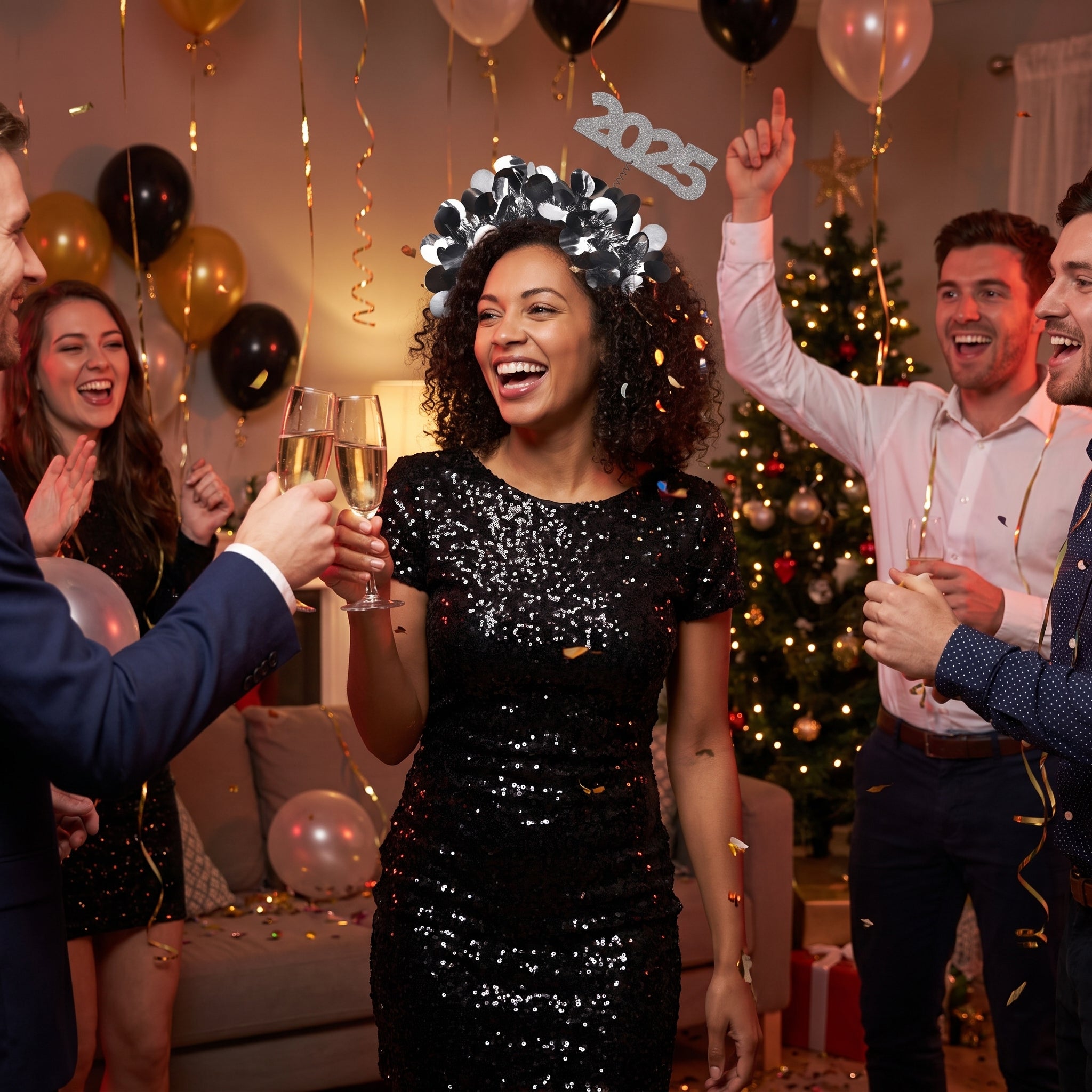 Sparkling "2025" New Year's Eve Headband - Black & Silver
