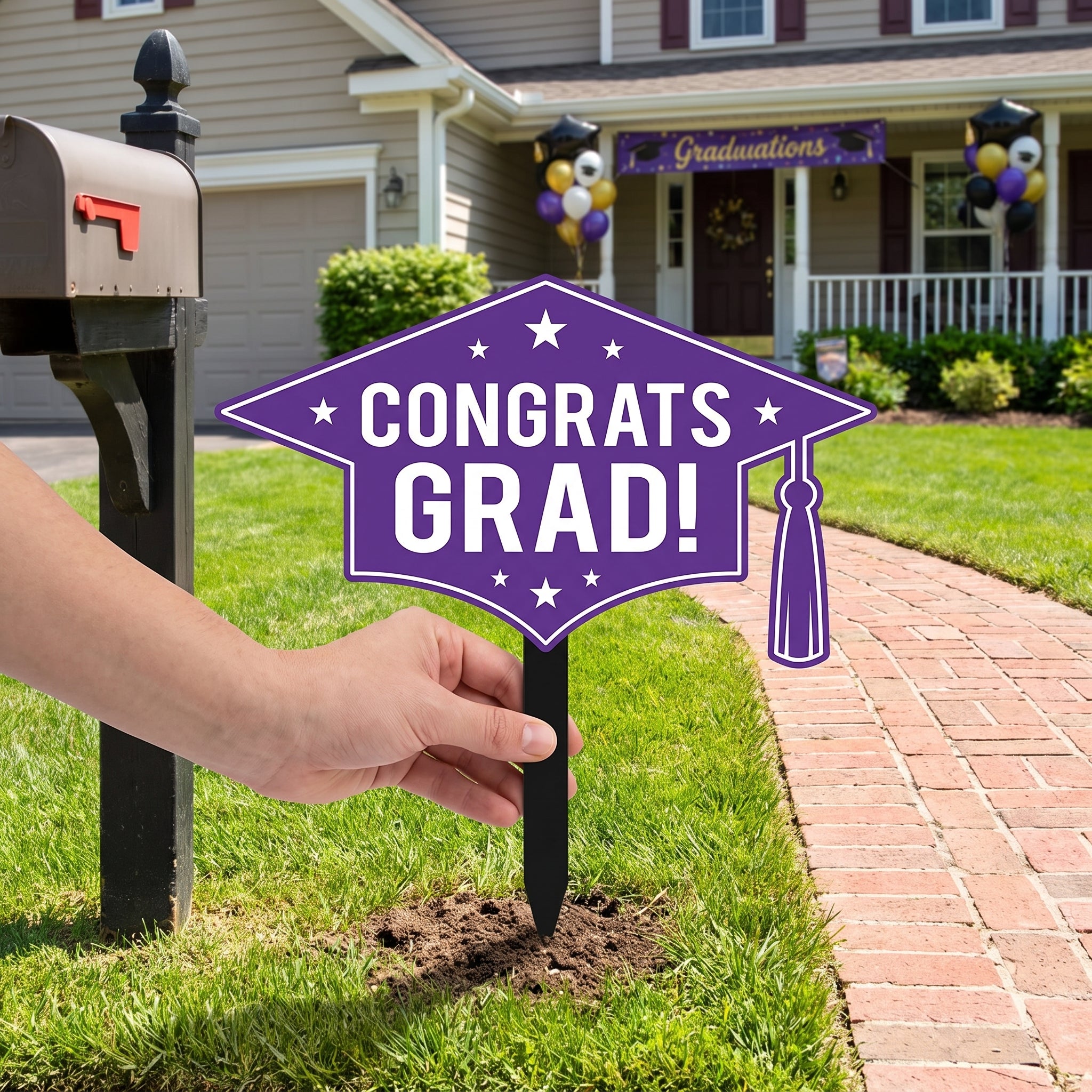 "Congrats Grad" Purple Lawn Sign for Graduation Celebrations