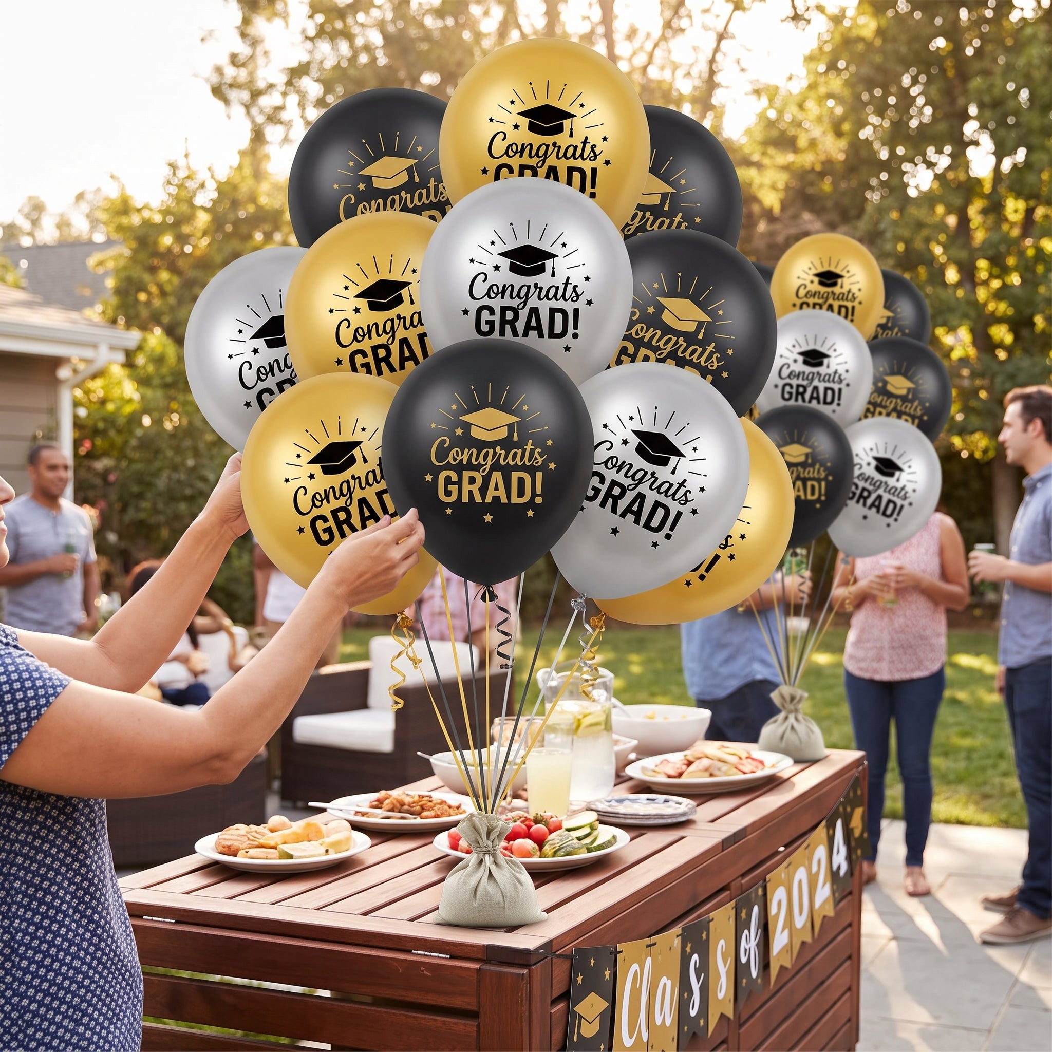 Congrats Grad Latex Balloons - Black, Gold & Silver, 12-inch, 15-Pack