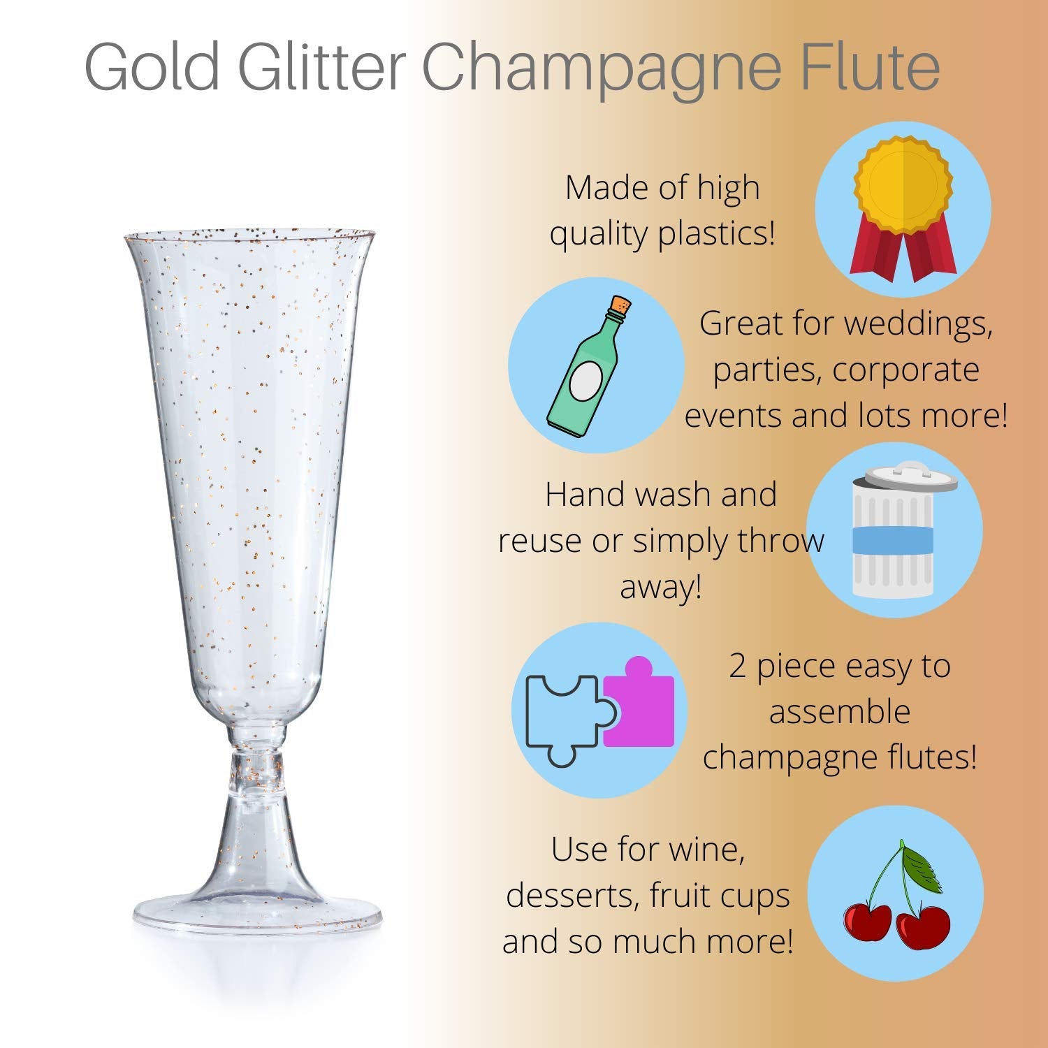 5 Oz. Gold Sparkle Plastic Flute Glasses | 12 Count