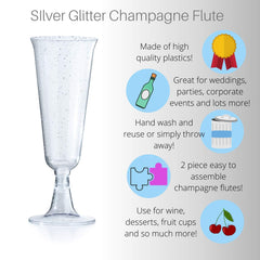 5 Oz. Silver Sparkle Plastic Flute Glasses | 144 Qty