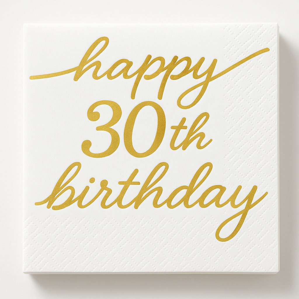 Golden Age "Happy 30th Birthday" Beverage Napkins, Gold/White, 16-Pack