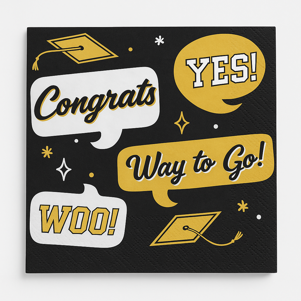 "Congrats Way to Go" Graduation Beverage Napkins - 16 Pack, Black/Gold - 5 In. X 5 In.