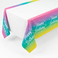 Sparkle Ombre Rainbow "Happy Birthday" Plastic Table Cover, 54x96-inch