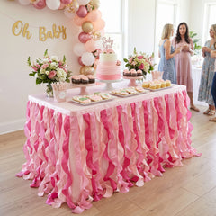 Pink Fabric Ruffle Table Skirt for Baby Shower