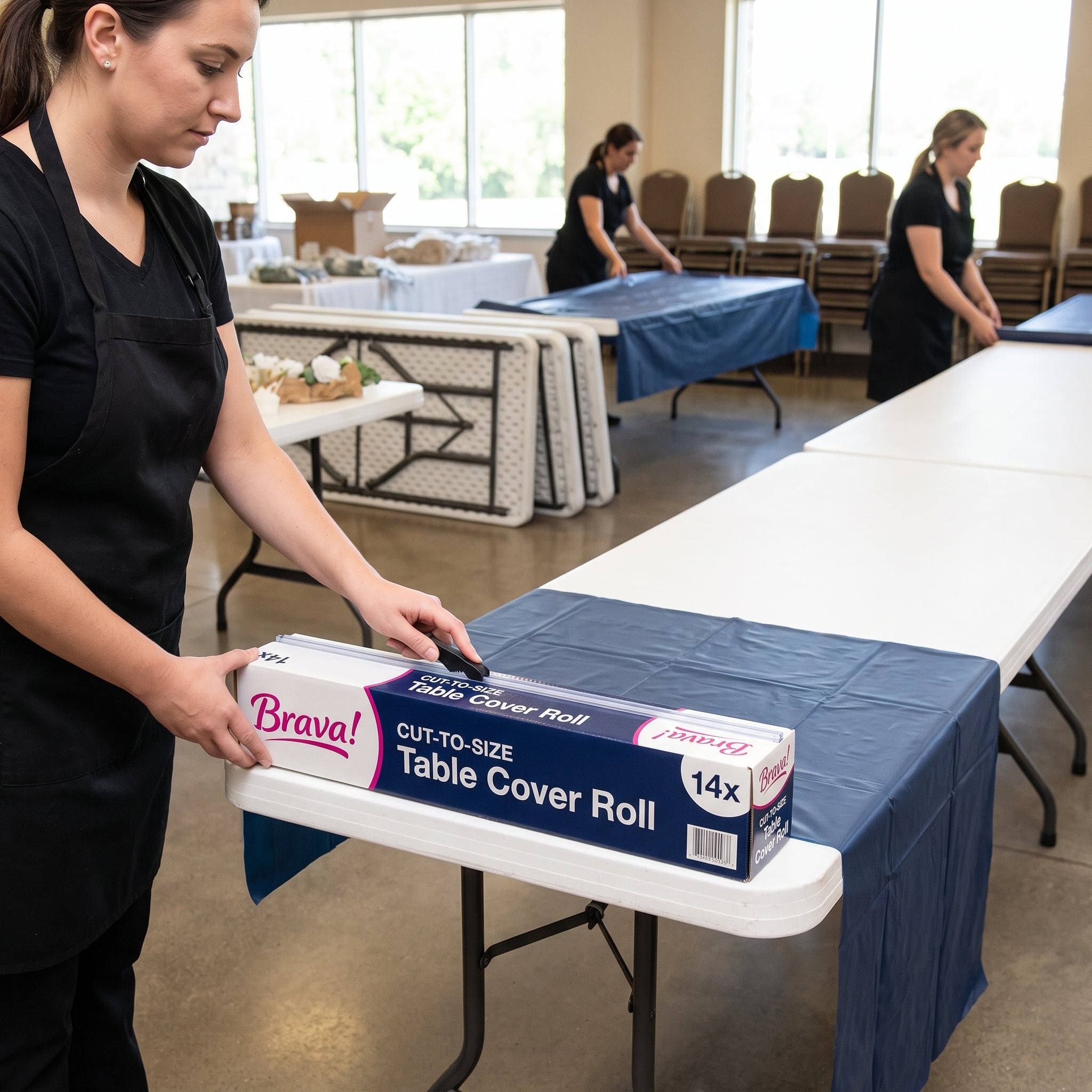 True Navy Plastic Table Cover Roll with Cutter - 54 x 126 ft