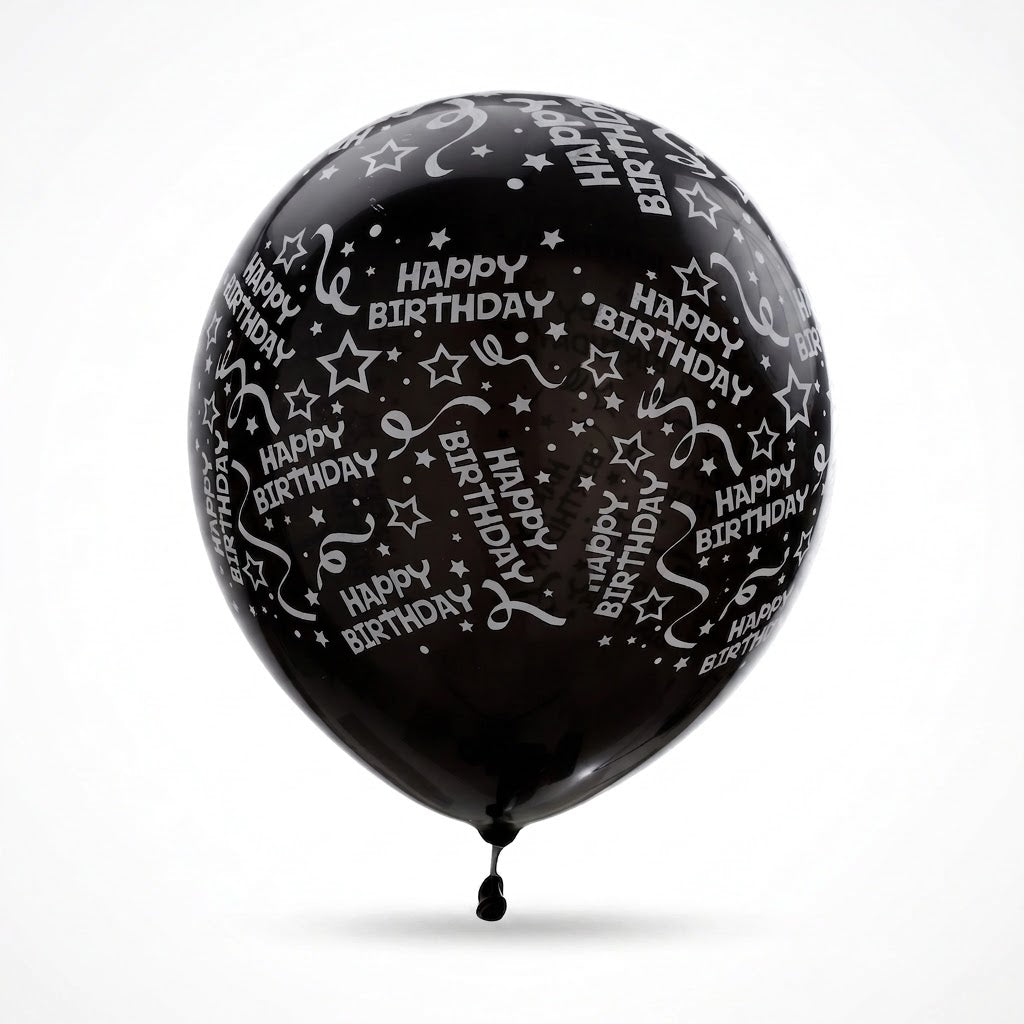 Black "Happy Birthday" Confetti Latex Balloons - 12 In. | 6 Pack