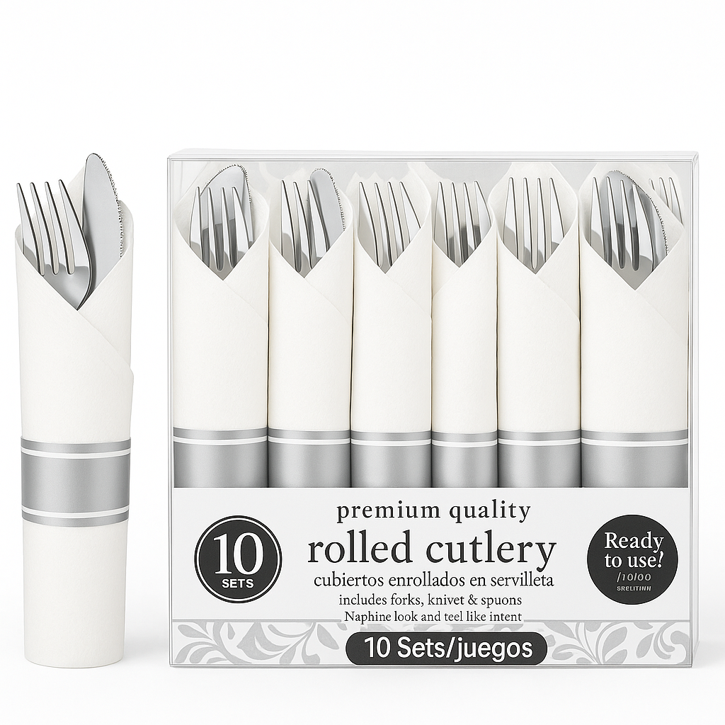 Premium Silver Cutlery Set with Printed Guest Towel Napkin