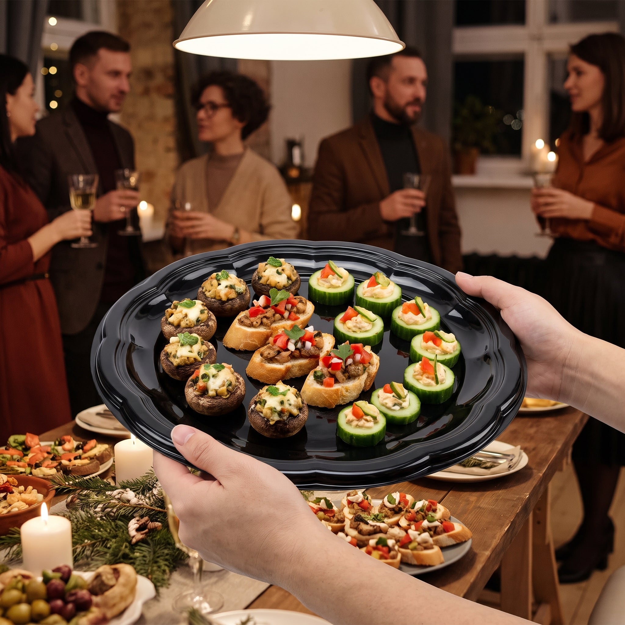 Black Scalloped Round Plastic Serving Tray - 12 In.