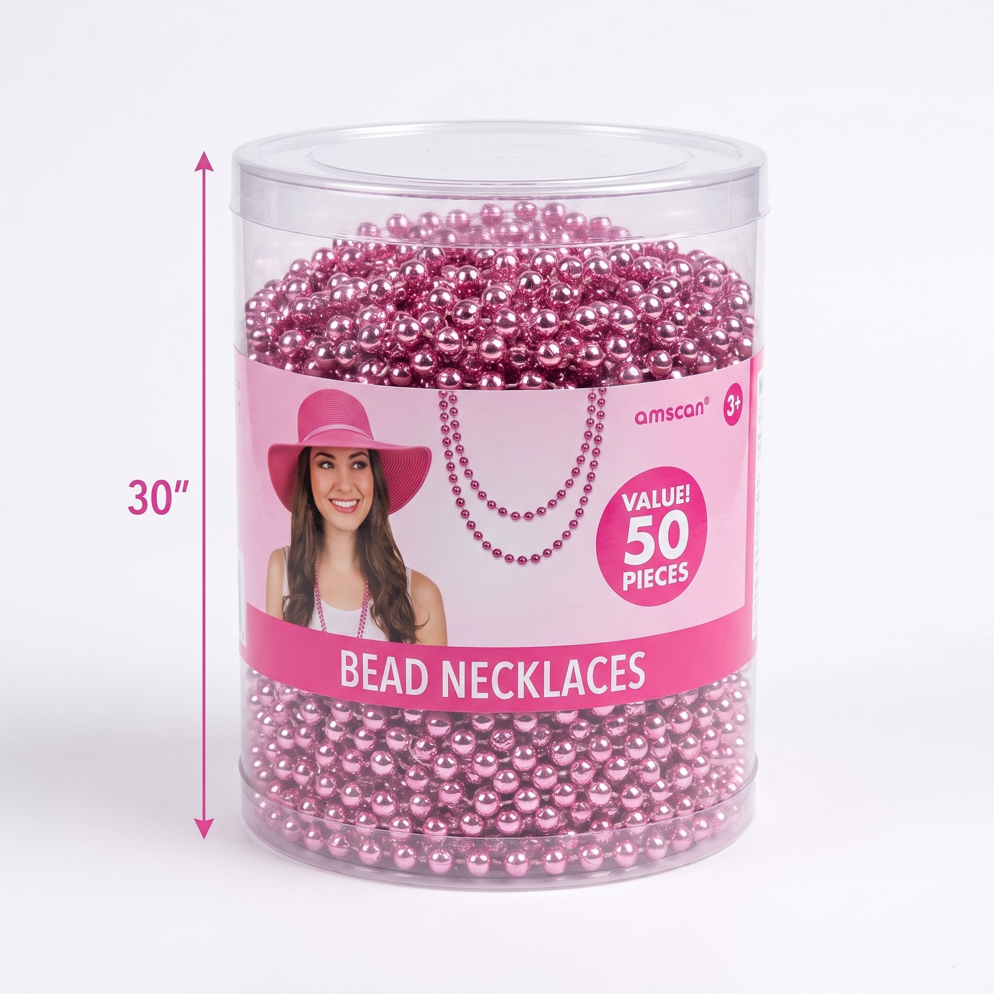Bright Pink Bead Necklaces, 50 Pack - 30 Inch, Perfect for Team Spirit Events