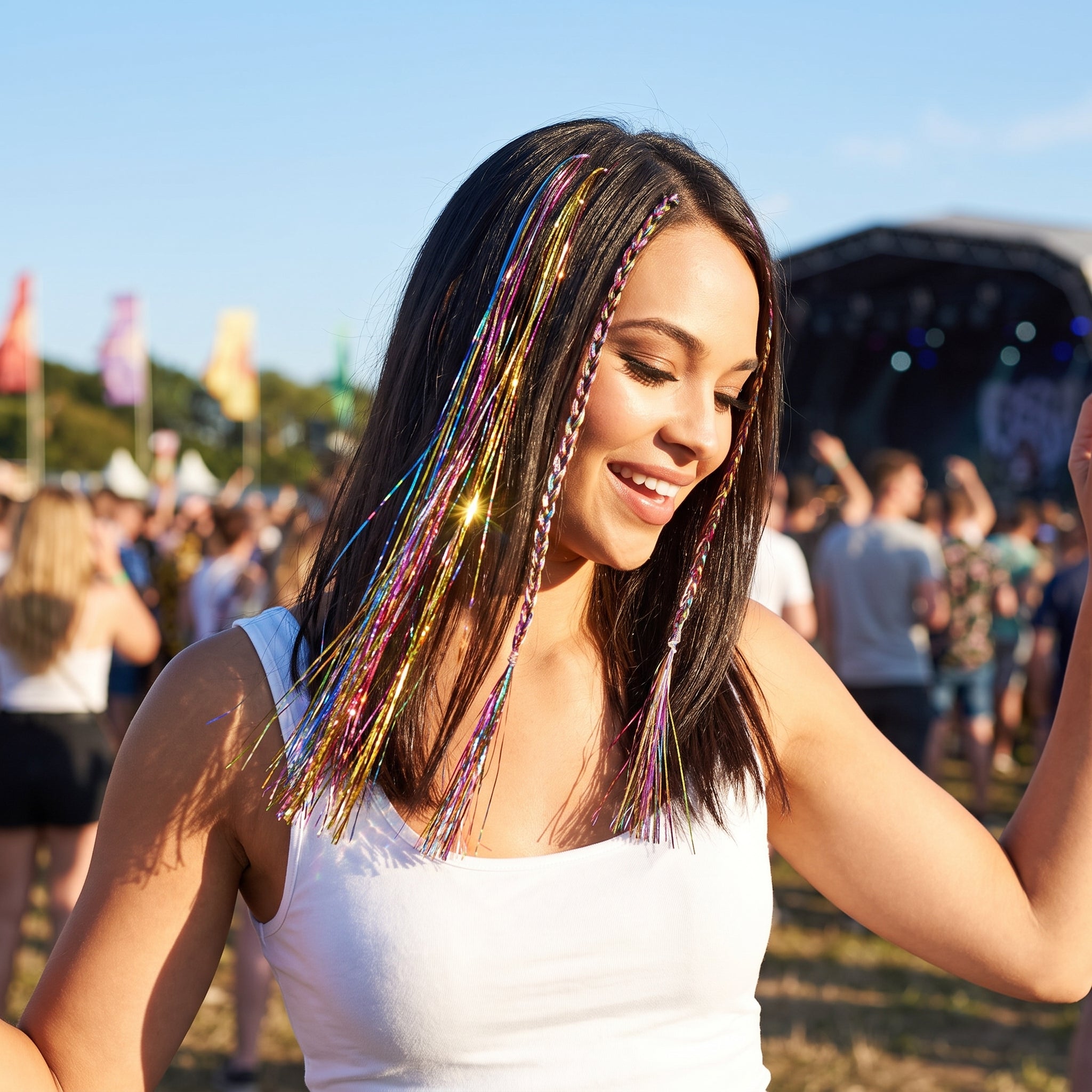 Vibrant Rainbow Tinsel Hair Extensions