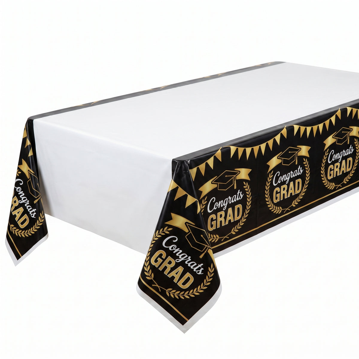 "Congrats Grad" Plastic Table Cover - Black & Gold 54x84 inch for Graduation