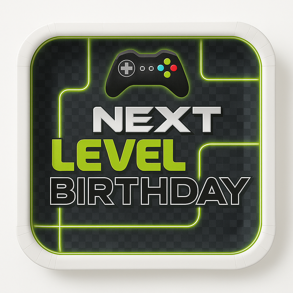 Level Up "Next Level Birthday" Square Gaming Party Plates, 9-Inch, 8-Pack