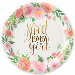 Floral Baby Girl 7" Round Dessert Plates - 8 Pack